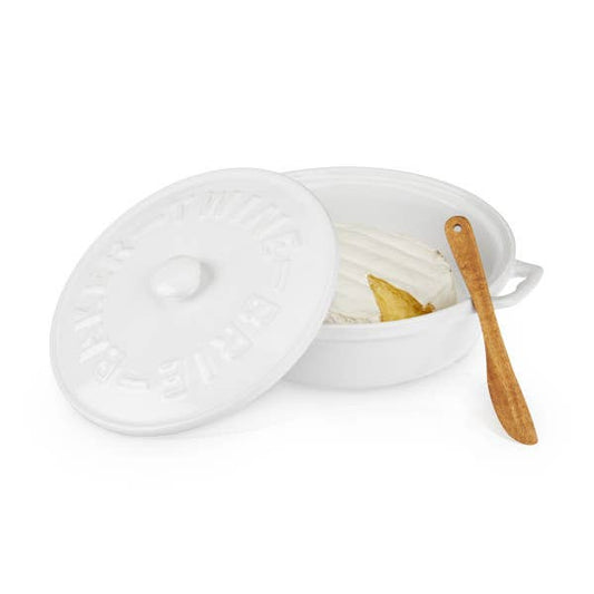 White Ceramic Brie Baker & Lid w/ Acacia Spreader